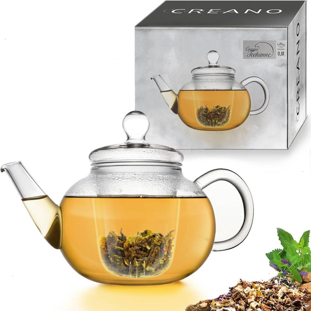 Creano Teekanne aus Glas 0,8l - Glasteekanne mit Glas-Sieb und Deckel - Ideal zur Zubereitung von losen Tees - tropffrei