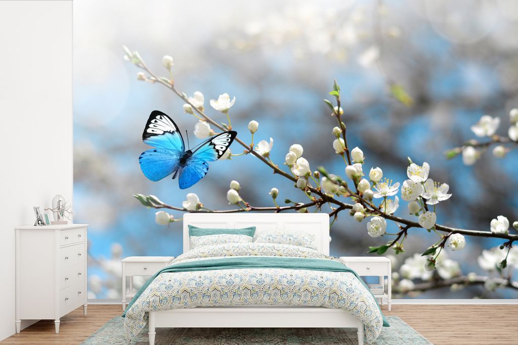 MuchoWow Fototapete für Wohnzimmer oder Schlafzimmer Wandtapete Vinyl Motivtapete Sakura - Schmetterling - Frühling - 330x220 cm - Fototapeten