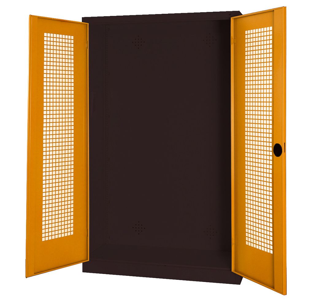 C+P Modul-Sportgeräteschrank mit Lochblech-Flügeltüren, HxBxT 195x120x50 cm, Ergo-Lock Muldengriff, Goldgelb (RAL 1004), Anthrazit (RAL 7021), G...