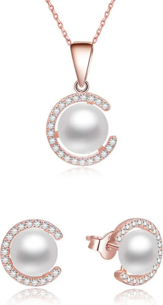 Set di gioielli in argento placcato oro con perle autentiche AGSET285P-ROSE (collana, orecchini)
