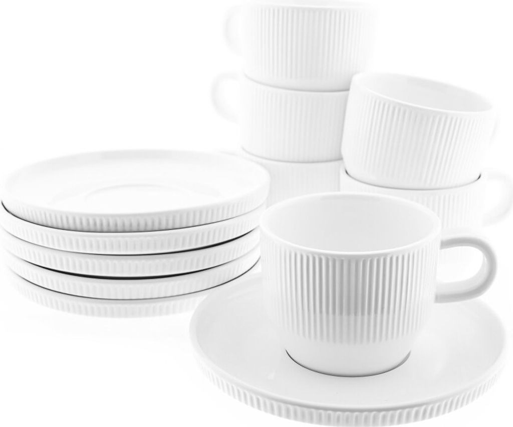 12 Teiliges Kaffee-Set, 6x Kaffeetassen, 6x Untertasse in Weiß mit Riffle Design