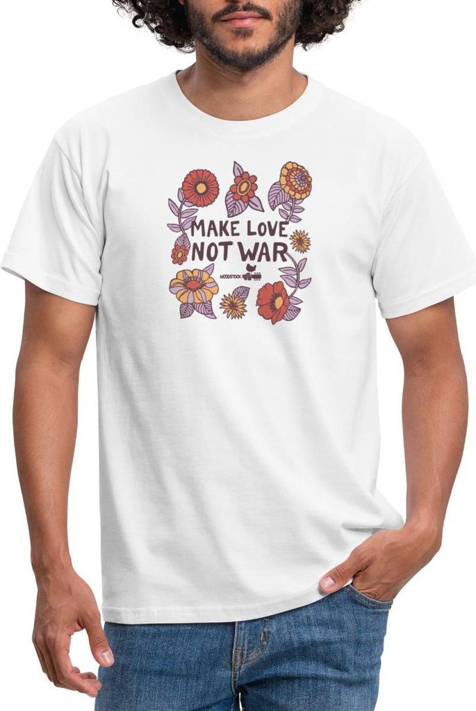 Spreadshirt Woodstock Make Love Not War Mit Blumen Rahmen Männer T-Shirt, XL, Weiß