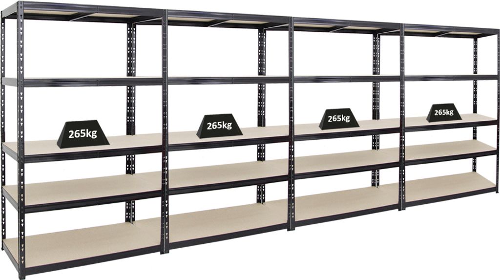 Mega Deal | 4x Schwerlastregal Giant Tiger | HxBxT 200x120x60cm | Fachlast 265kg | 5-Ebenen | Schwarz | Garagenregal, Lagerregal, Steckregal, Kelle...
