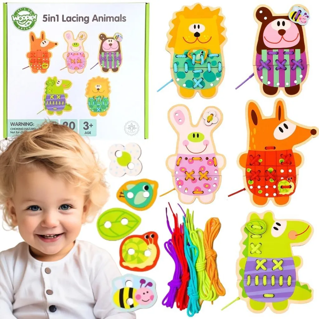 Jeu de laçage en bois Animaux 5-en-1 pour motricité fine enfant