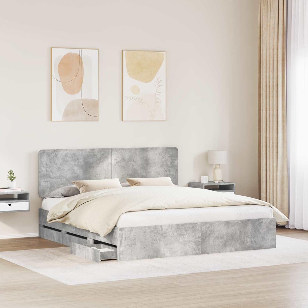 (Robust Möbel) Bettrahmen mit Kopfteil Beton Grau 200 x 200cm Ingenieurs Holz - CL130368 - Klassische BettenJugendbett Tagesbett