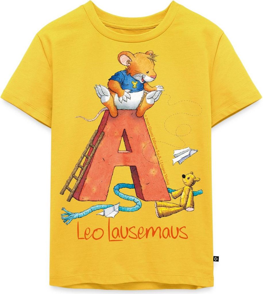 Spreadshirt Leo Lausemaus Kindergarten Alphabet Kinder Premium T-Shirt, 98/104 (2 Jahre), Sonnengelb
