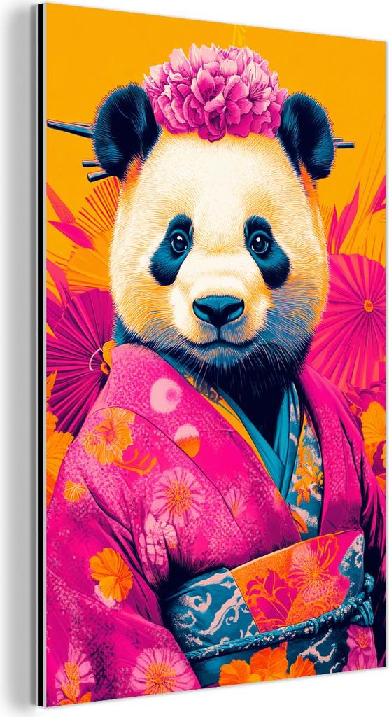 MuchoWow Wanddekoration Metall Metallbild Wandkunst 80x120 cm Kimono - Rosa - Panda - Blumenkrone MuchoWow Aluminium Gemälde - Bilder