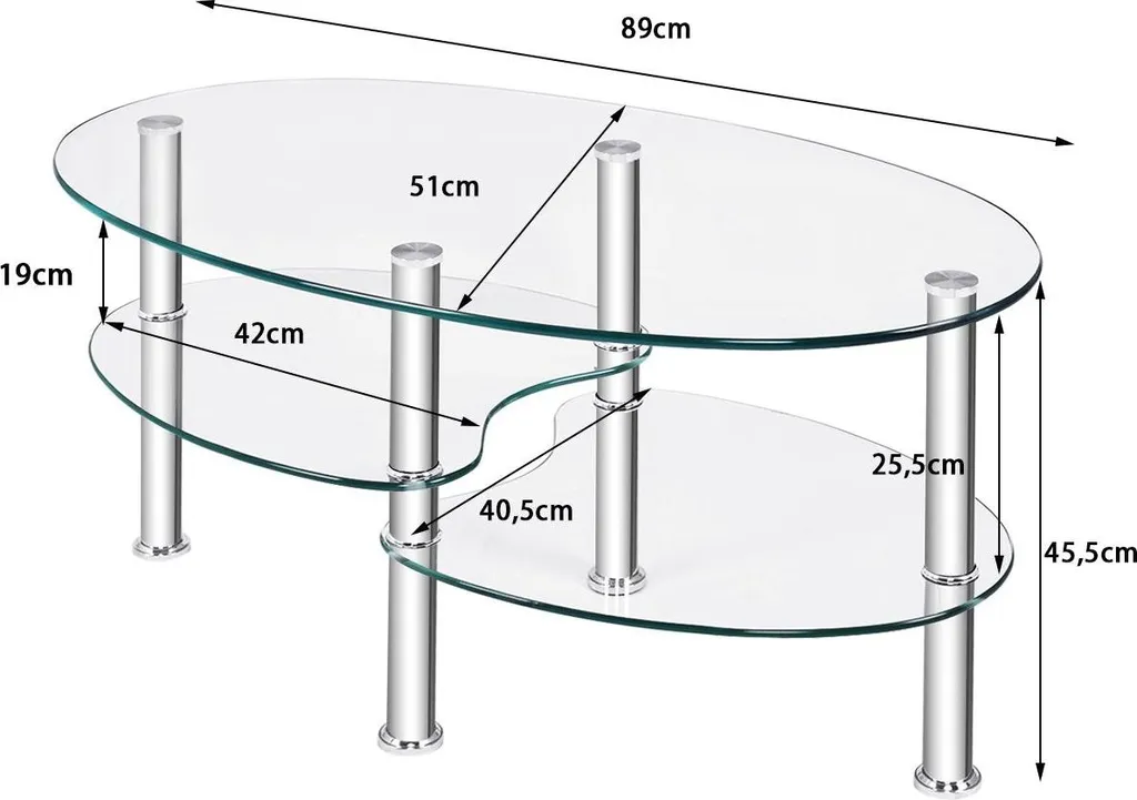 Table basse ovale à trois niveaux en verre moderne avec étagère double