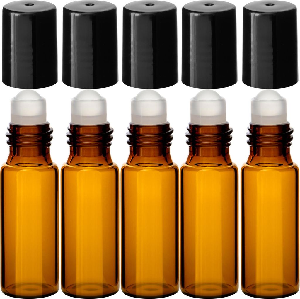 5x Glasfläschchen braun 5 ml Roll-on mit schwarzer Kappe Produktbild 