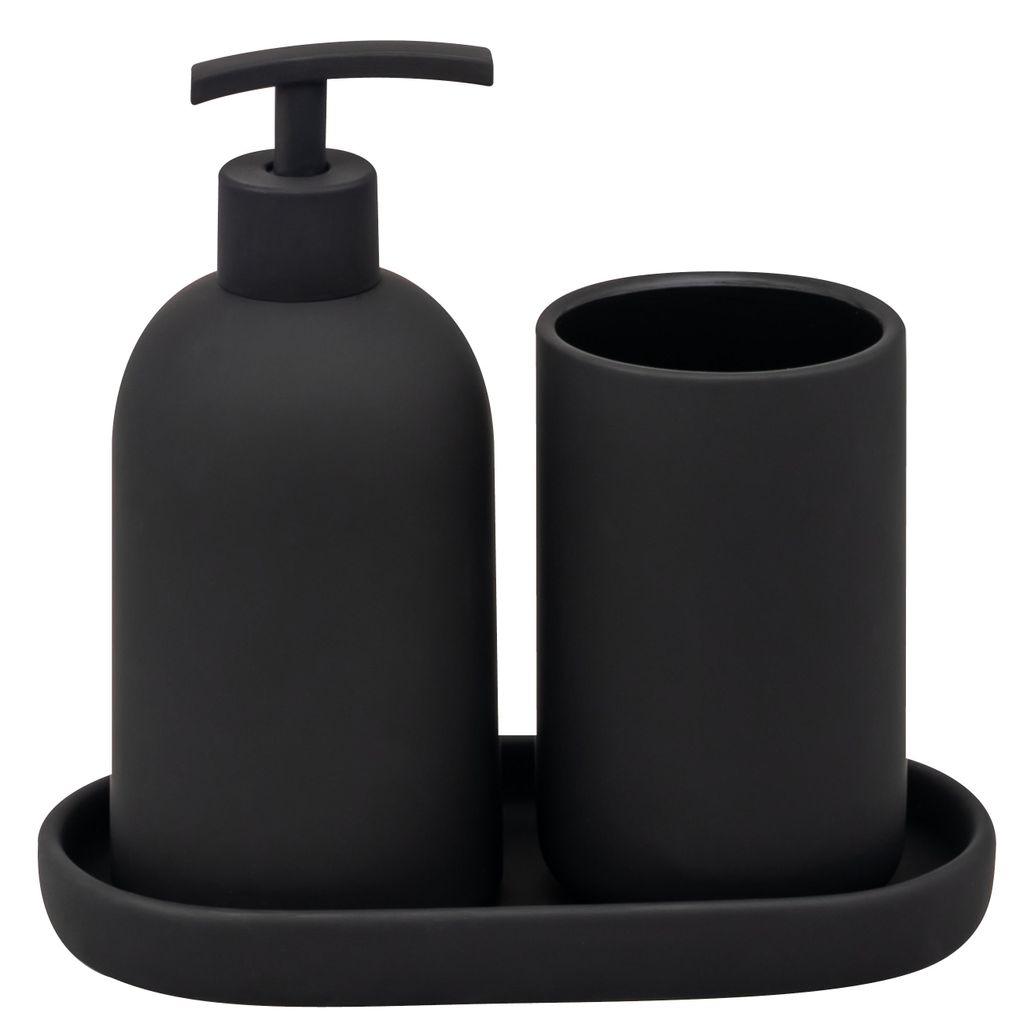 eluno Bad-Accessoires Set CERANO 3tlg. bestehend aus 1x Seifenspender, 1x Becher, 1x Schale, aus Keramik in Schwarz