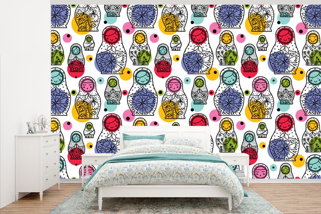 MuchoWow Fototapete für Wohnzimmer oder Schlafzimmer Wandtapete Vinyl Motivtapete Matroschka - Schnittmuster - Baby - 375x240 cm - Wand Tapete
