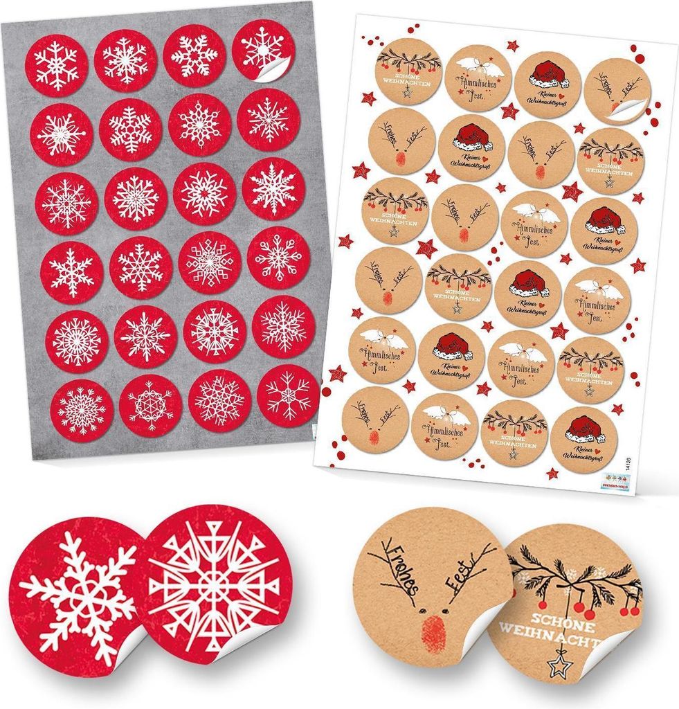 SET 4 x 24 Weihnachtsaufkleber rot weiß schwarz FROHE WEIHNACHTEN + SCHNEEFLOCKE Aufkleber Geschenkaufkleber Verpackung 4 cm Weihnachtsgeschenke r...