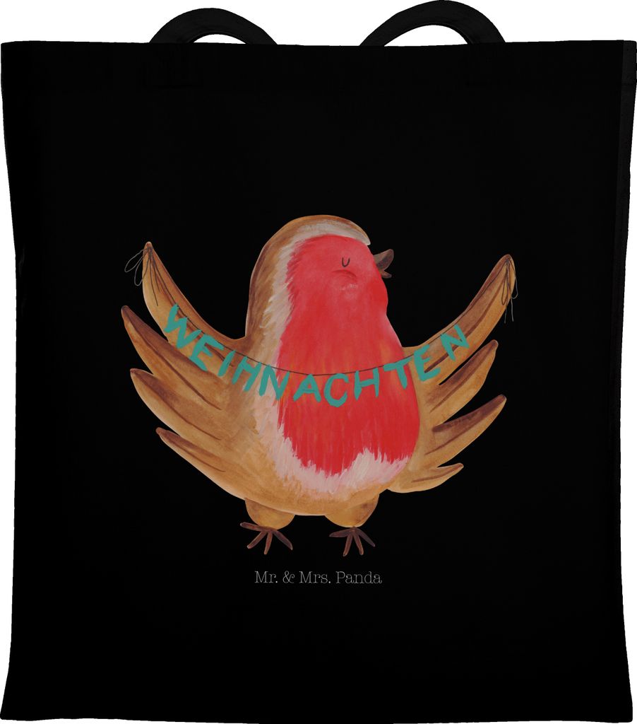Mr. & Mrs. Panda Tote Bag Rotkehlchen Weihnachten - Schwarz - Geschenk, umhängebeutel, Weihnachtsmotiv, Frohe, Stoffbeutel, Tragetasche, Einkaufst...