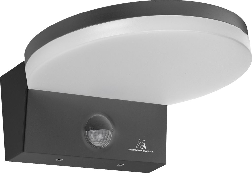 A close-up studio shot of a gray LED motion sensor light.