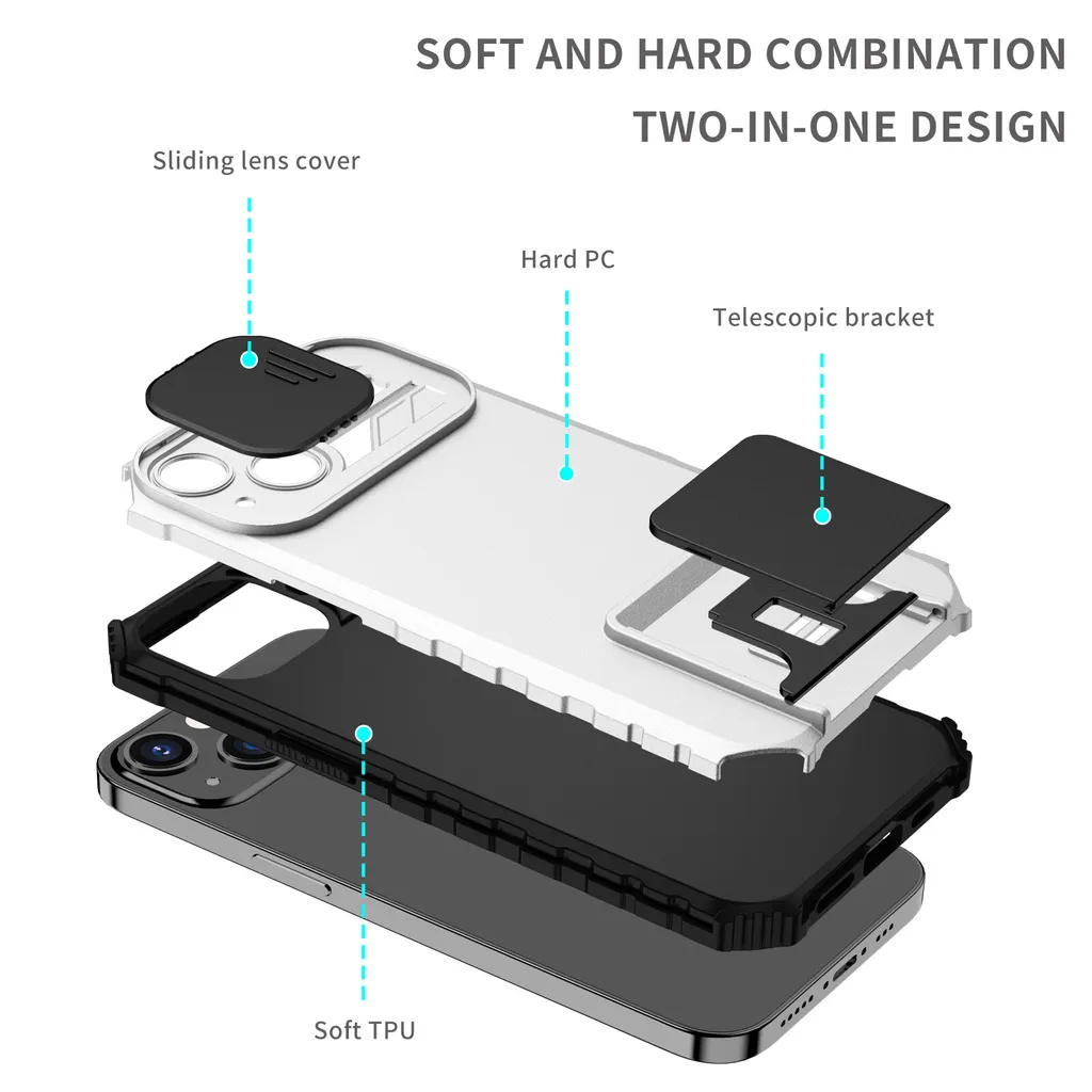 Hitaoyou Custodia per iPhone 14 Plus con copertura per fotocamera scorrevole, cavalletto con supporto magnetico integrato a 360 °, custodia protettiva antiurto per iPhone 14 Plus 6.7