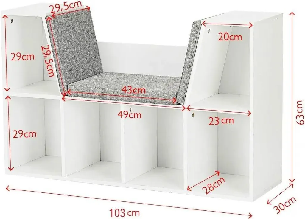 Bibliothèque bois blanc avec coussins de lecture confort - 6 compartiments - 6