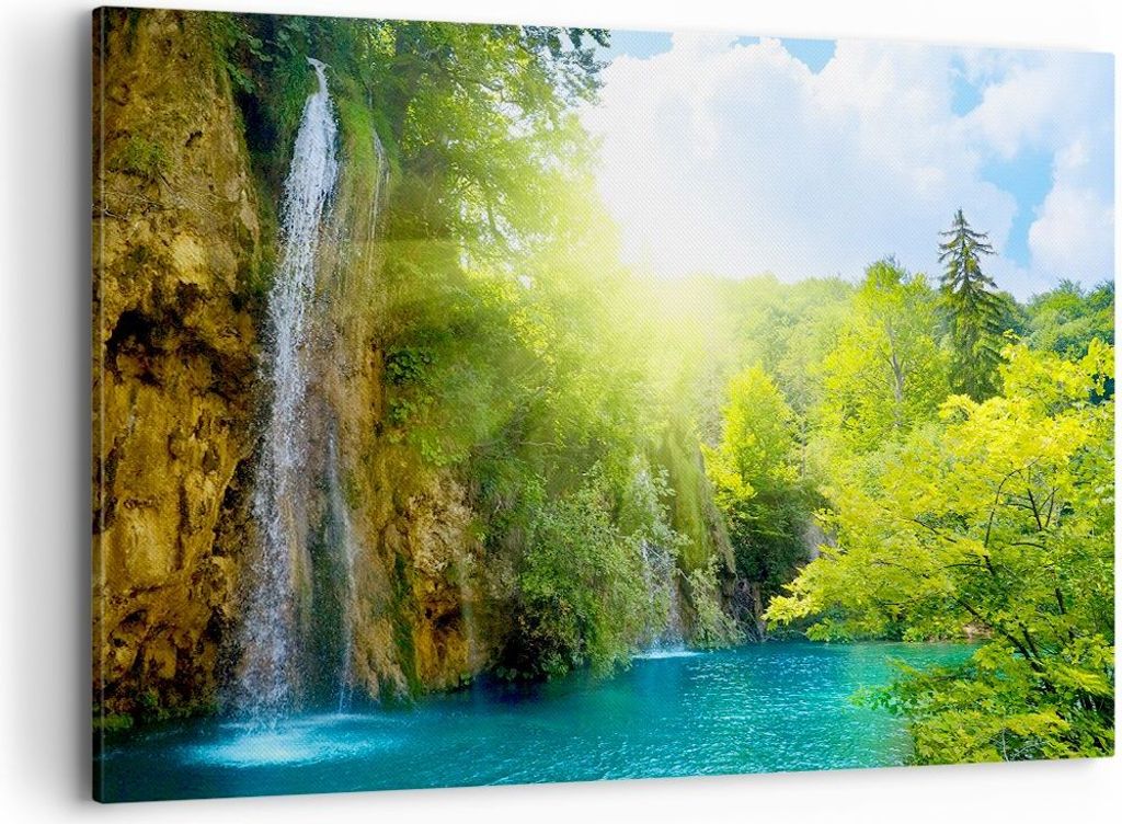 Bild auf Leinwand - Leinwandbild - Wasserfall Forrest Himmel - 120x80cm - Wand Bild - Wanddeko - Leinwanddruck - Bilder - Kunstdruck - Wanddekorati...