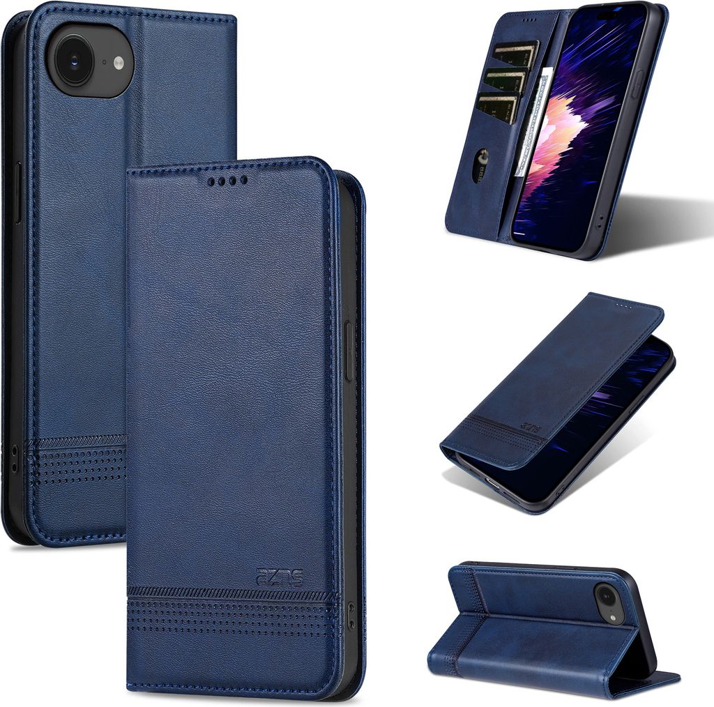Leder Hülle für iPhone 16e/iPhone 17e, Klapphüllen Brieftasche Magnetverschluss Ständer Schutzhülle Blau