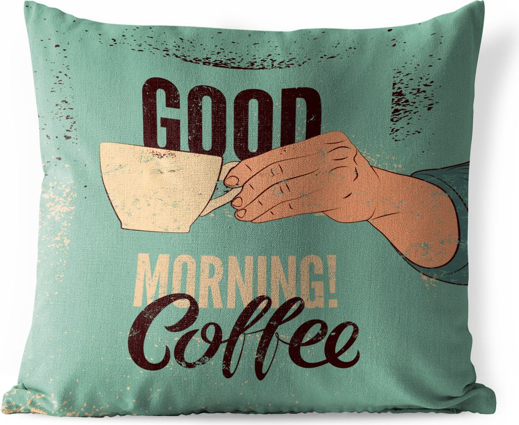 MuchoWow Outdoor Kissen - Kaffee - Zitate - Retro - Guten Morgen! Kaffee - Zitate - 60x60 cm - Wetterfest - Lounge Kissen - Dekoration - Schlaf K...