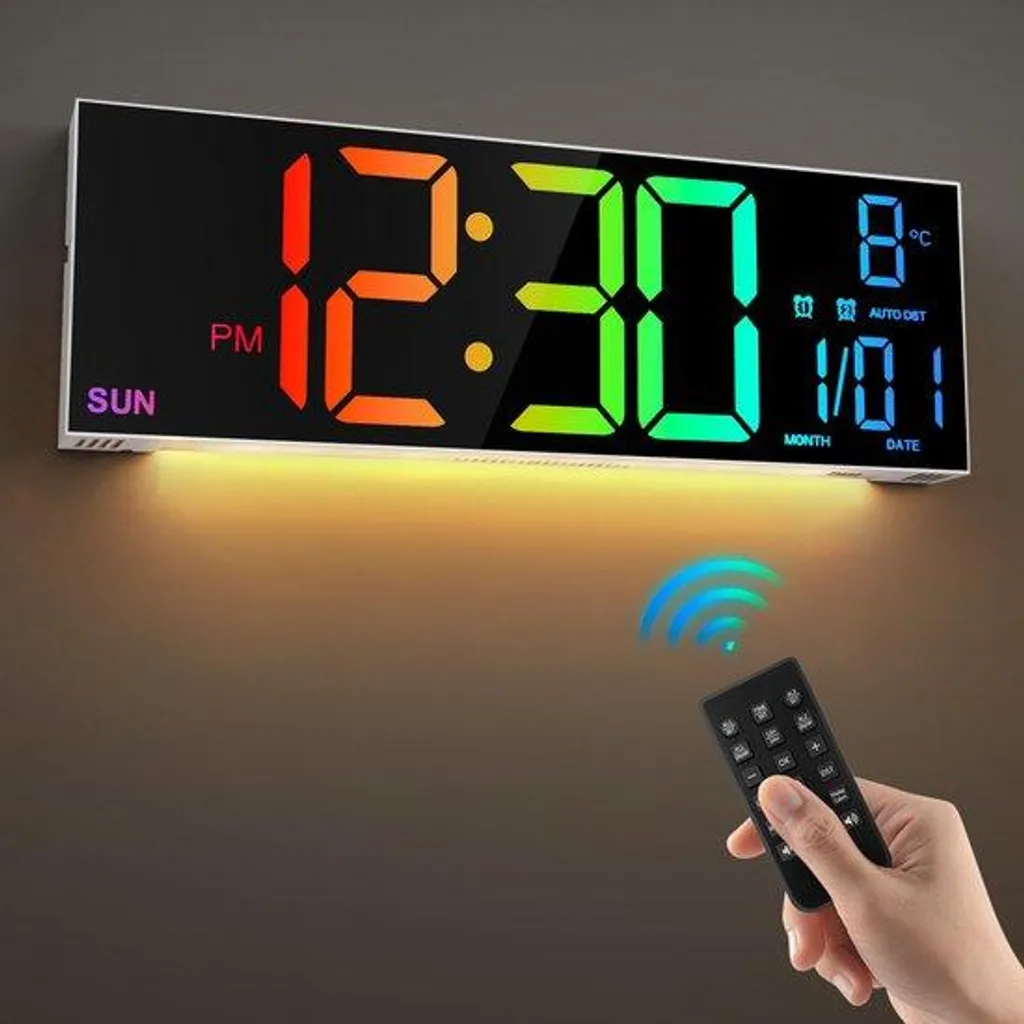 Horloge numérique grand écran à luminosité automatique et 8 modes RGB