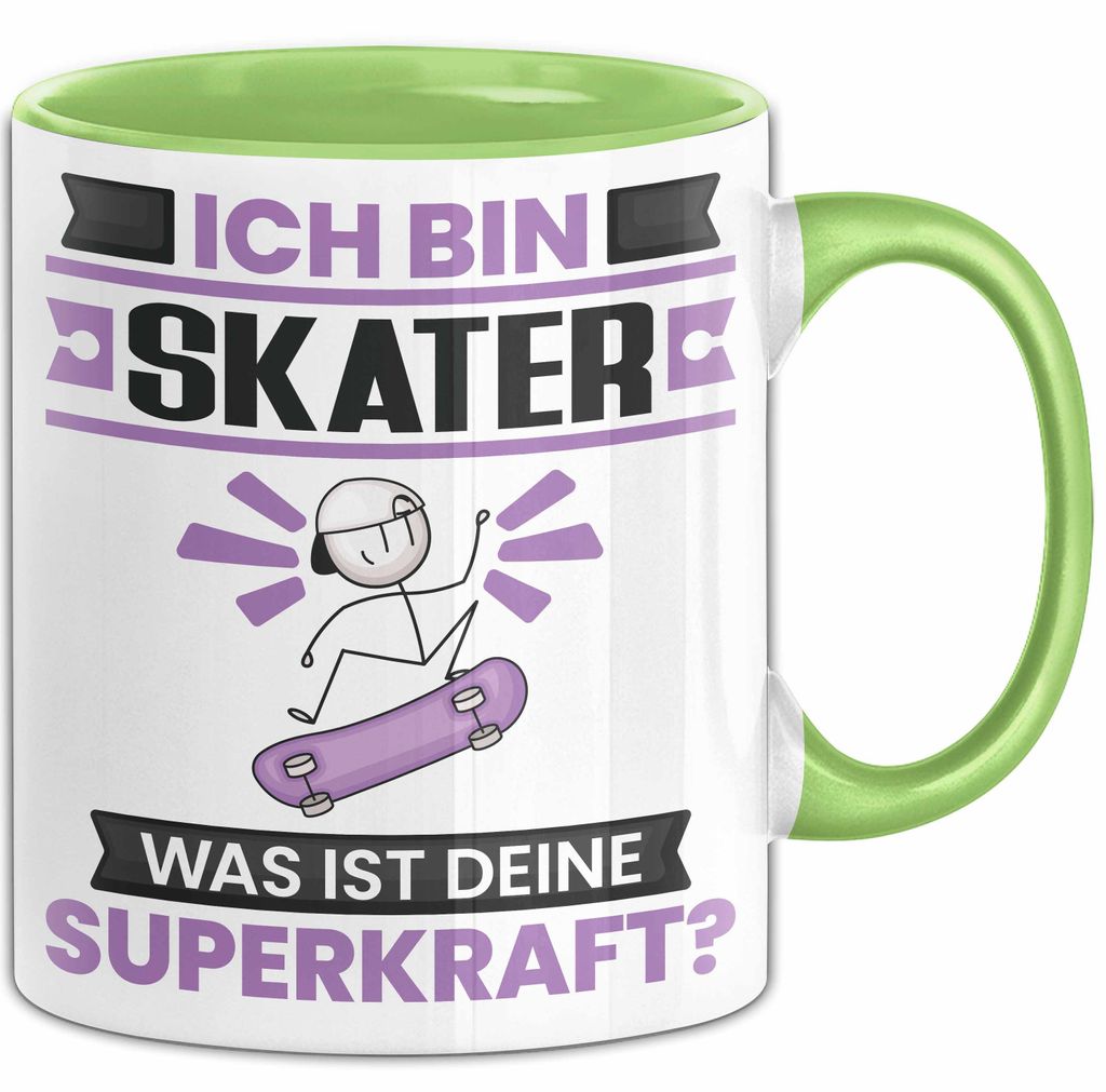 Skater Tasse Geschenk für Skater Geburtstag Lustiger Spruch Kaffee-Becher Was Ist Deine Superkraft (Grün)