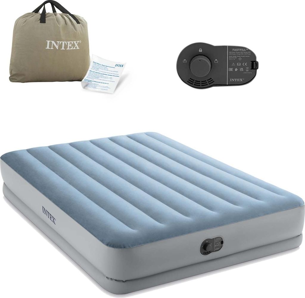 An Intex air mattress with its accessories, including a storage bag and a pump, laid out on a white background.