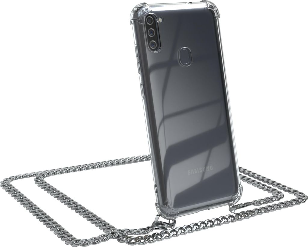 EAZY CASE Metall Handykette für Samsung Galaxy M11, Handyhülle mit Umhängeband, Silikonhülle, Metallkette für Smartphone in Silber