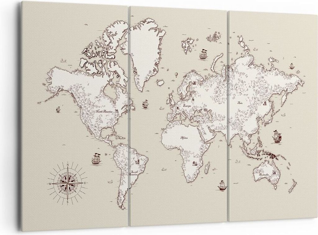 Bild auf Leinwand - Leinwandbild - Karte Welt Klassiker Kontinente - 165x110cm - Wand Bild - Wanddeko - Leinwanddruck - Bilder - Kunstdruck - Leinw...