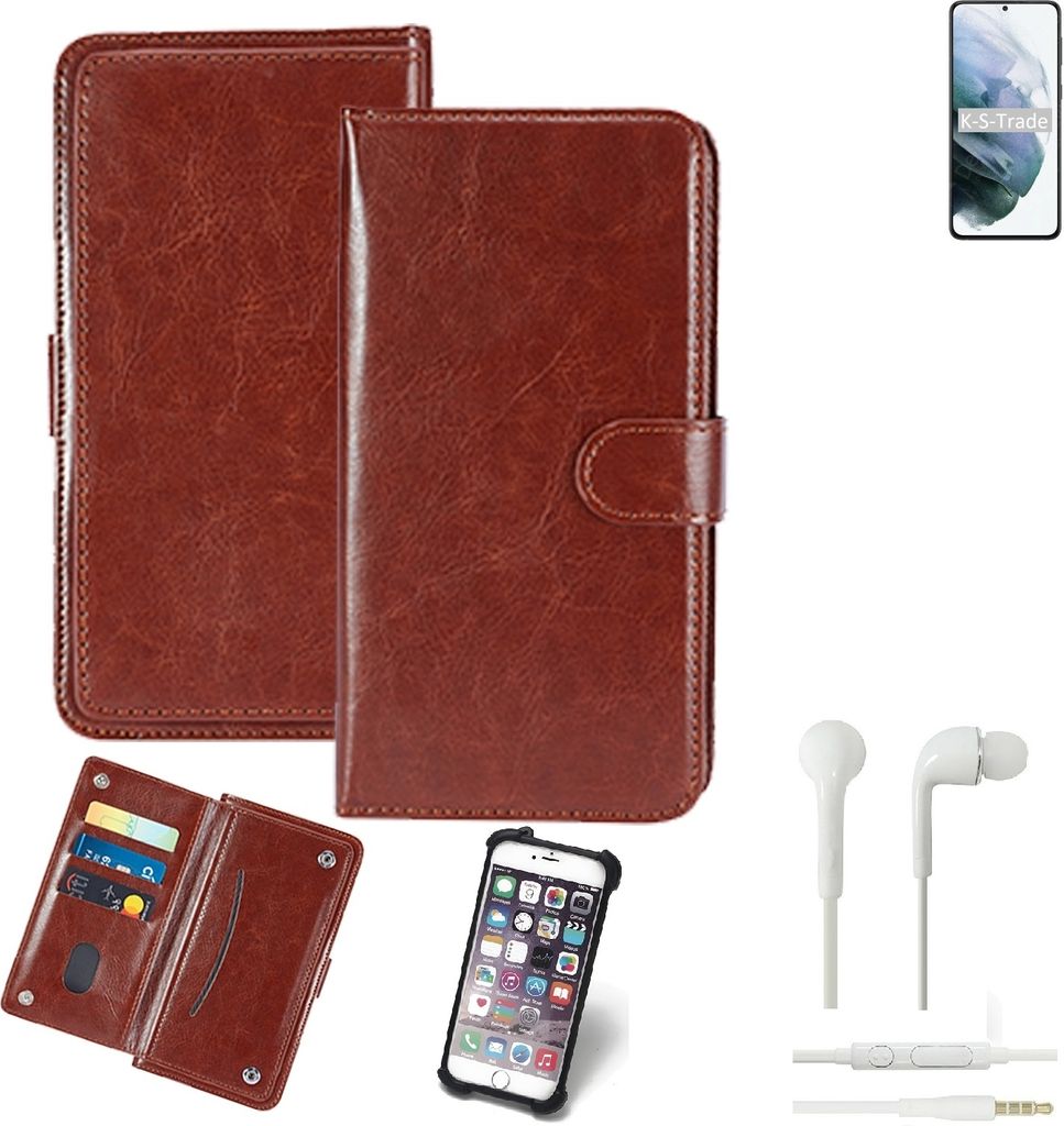 K-S-Trade 360° Hülle kompatibel mit Samsung Galaxy S21+ 5G Exynos inkl. Headphones braun Kunstleder Case BookCase WalletCase Kunstlederederhülle