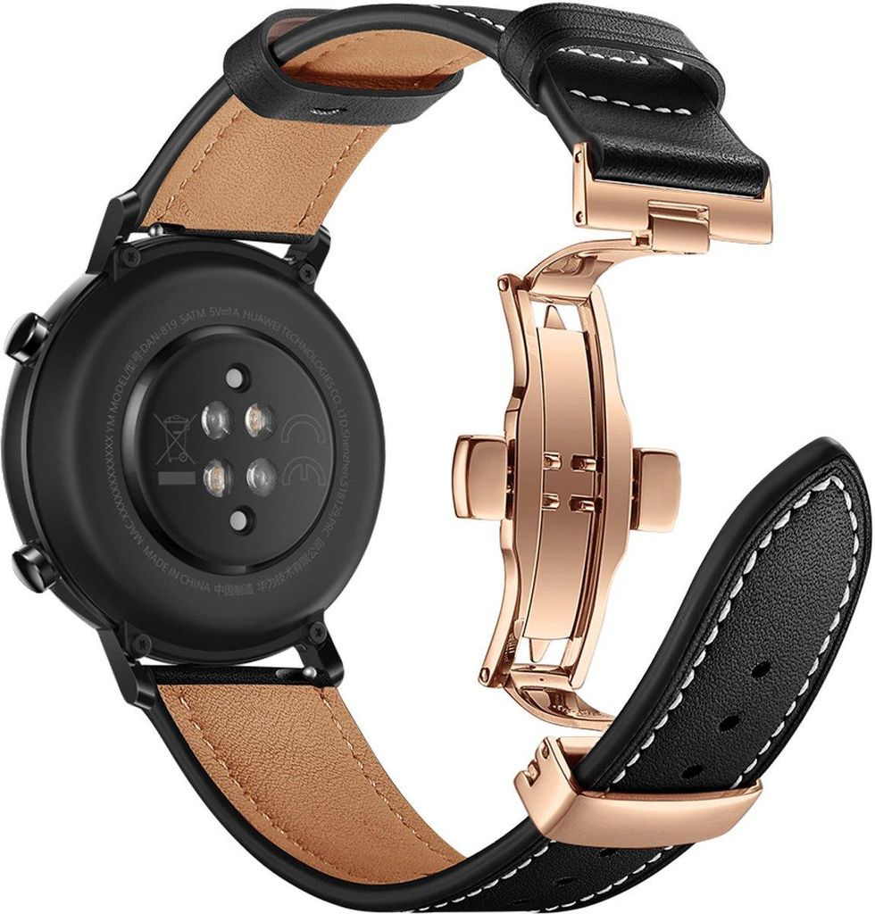 FFO2World 20 mm Luxus-Lederarmband für Samsung Galaxy Watch 4–7 (Classic) & Garmin/Huawei – Echtleder mit roségoldener Faltschließe, Schwarz
