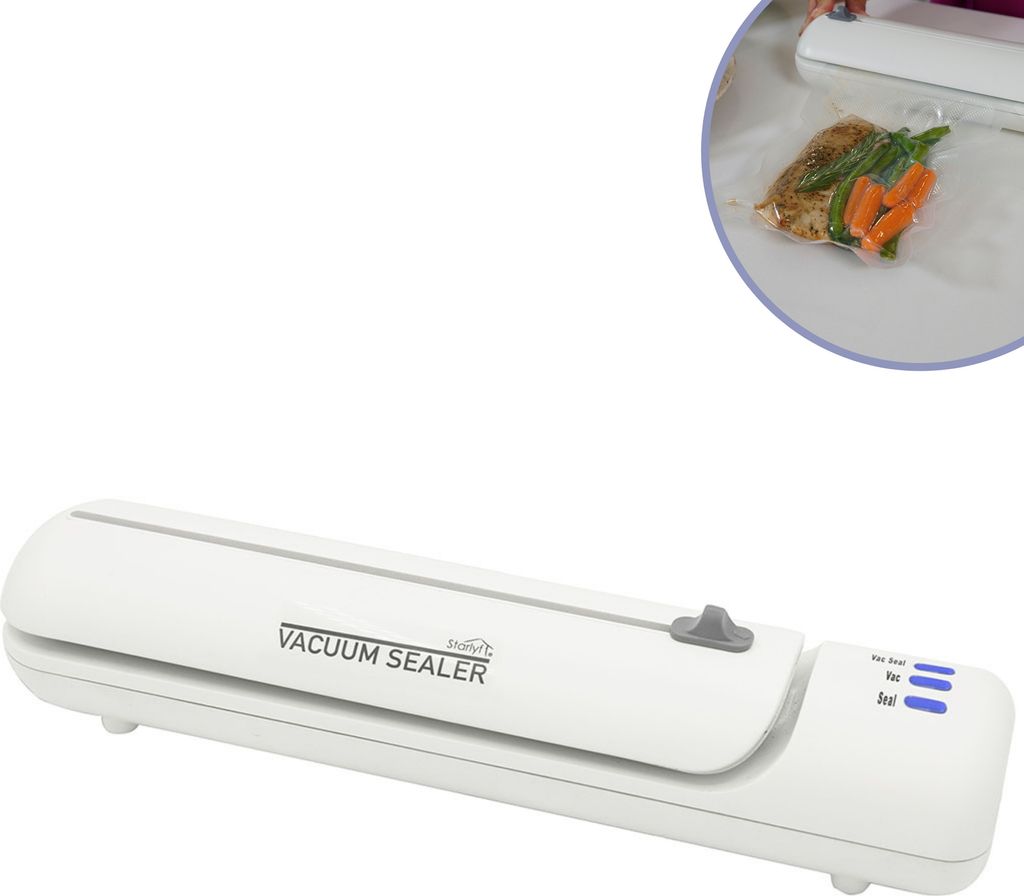 Starlyf Vacuum Sealer - Vakuumierer Set, Vakuumiergerät für Lebensmittel, 140 Watt, Rollenbreite 20 cm, inkl. 20 Beutel & Rezepte
