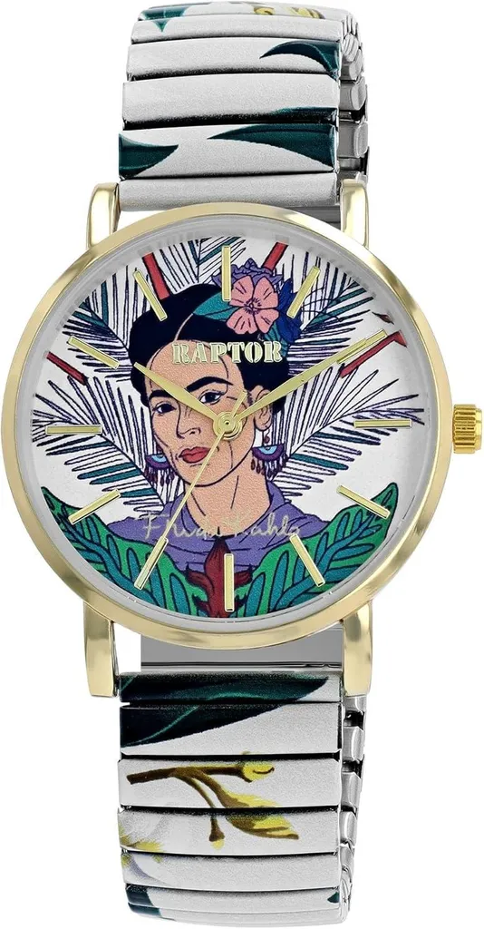 Raptor Orologio da donna Frida Kahlo Edition con bracciale in acciaio inossidabile, movimento al quarzo, vetro antigraffio, idea regalo per donne con scatola, cassa da 36 mm
