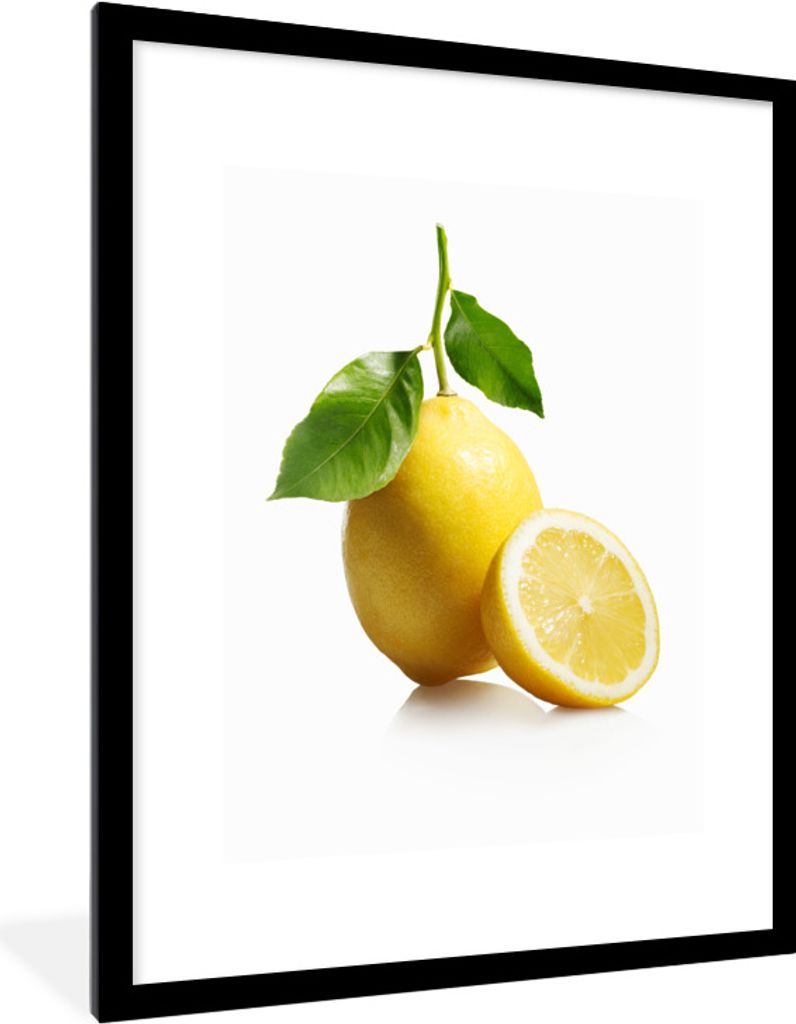 MuchoWow Gerahmtes Poster Zitrone mit Stiel, der eine saftige Scheibe überragt 60x80 cm - Poster mit Schwarzem Bilderrahmen Wandposter Rahmen Fo...