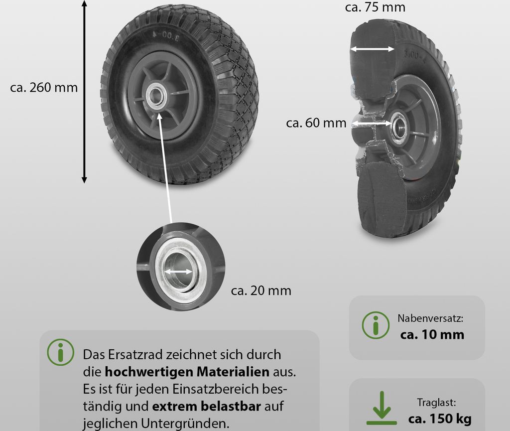 2x Sackkarrenrad Vollgummi 260x85 mm 3.00-4 60mm Nabenlänge Produktbild 3