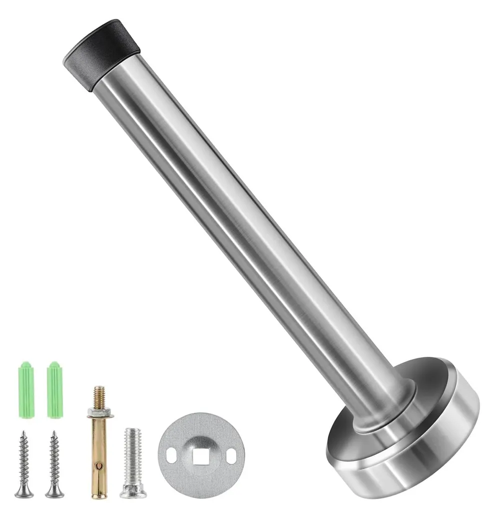 Butoir de porte inox 120mm anti-choc argenté, kit de montage complet