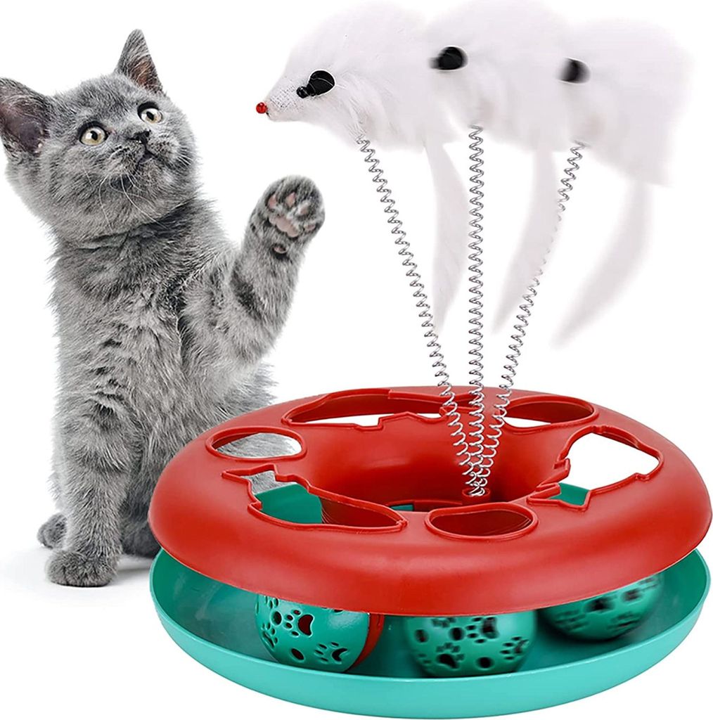 Interaktives Katzenspielzeug 2-in-1-Katzenspielzeug mit Maus, rotierender Katzenstange und Ball (rot)