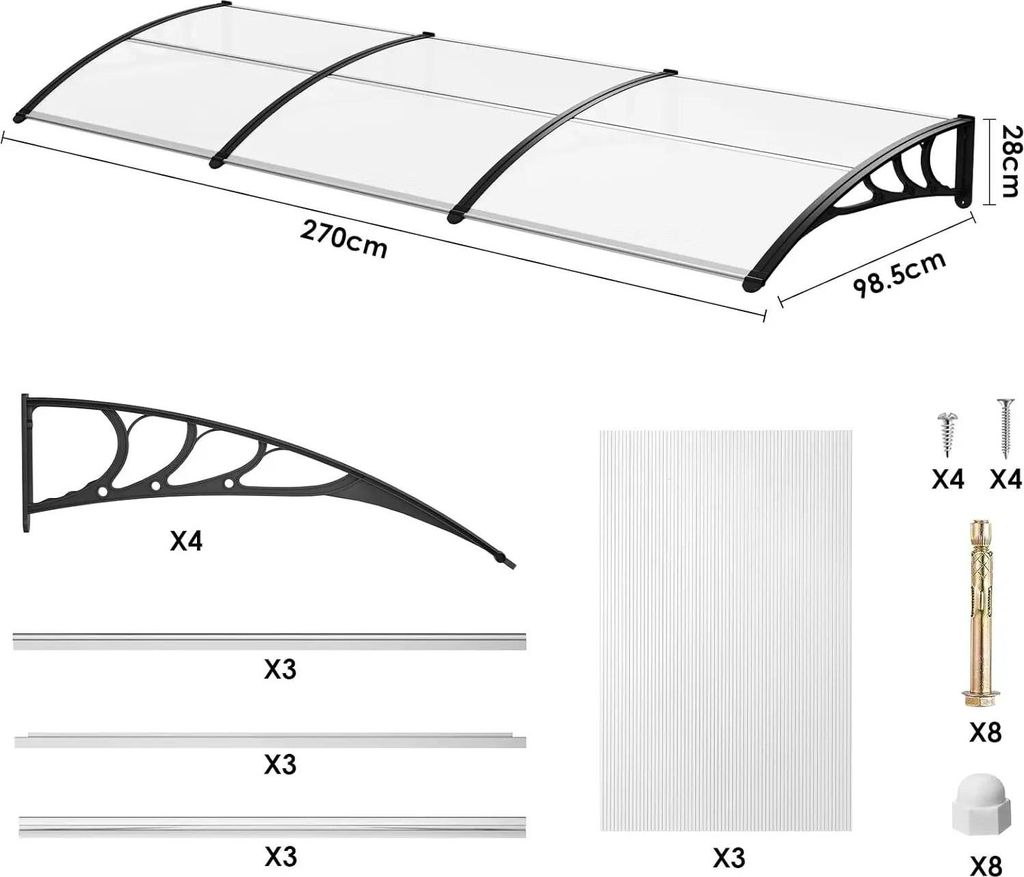 Vordach - Tür- und Fenster-Überdachung - Polycarbonat PC - Aluminiumrahmen - UV- & Regenschutz - 270 x 98,5 cm - Lila