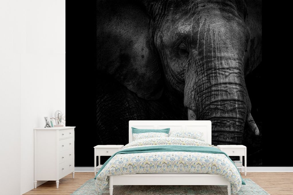 MuchoWow Fototapete für Wohnzimmer oder Schlafzimmer Wandtapete Vinyl Motivtapete Porträt eines Elefanten in Schwarz und Weiß vor dunklem Hint...
