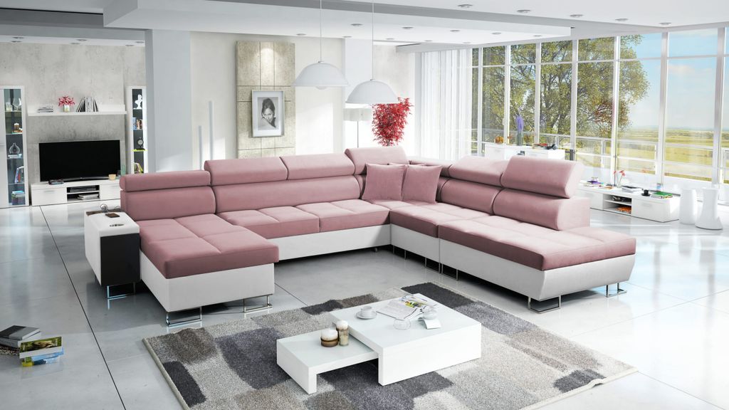 Kaiser Möbel Großer multifunktionaler Eckschrank Morena X, Kunstleder/Uttario Velvet Weiß/Rosa Links