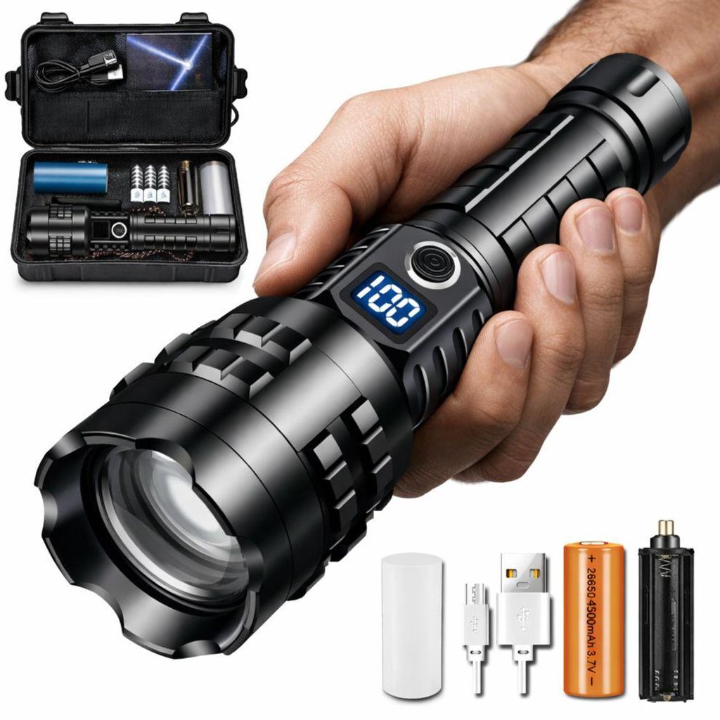Professionelle LED-Taschenlampe mit Zoom, Linomag , 5000mAh Akku, USB-C, 5 Beleuchtungsmodi, wasserdicht IP67, digitales Display, Power-Bank-Funkt...