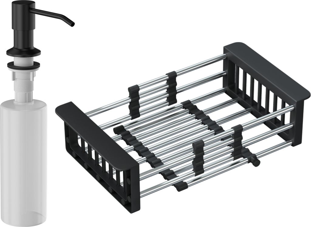 Granitan | Seifenspender + Teleskopische Abtropfschale + Schwarz - Hochwertige Materialien - Praktisches Design