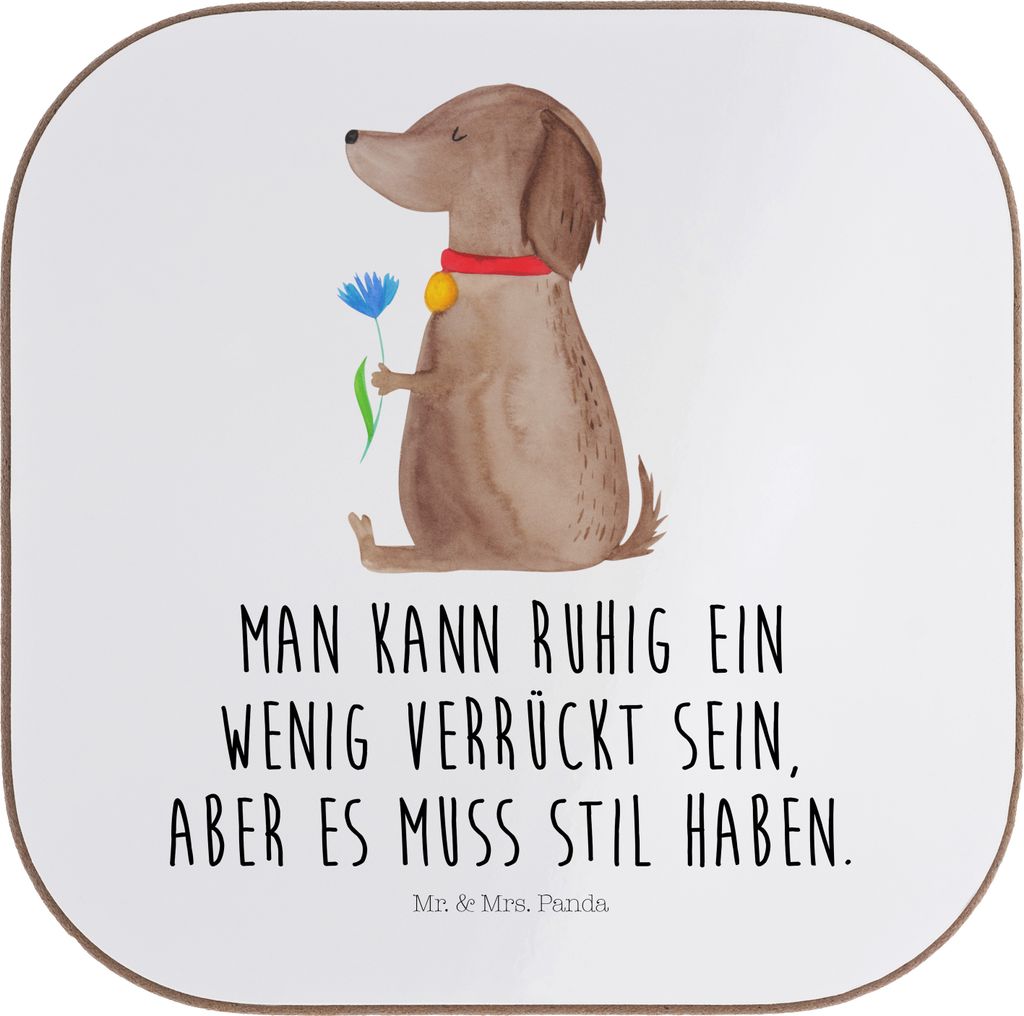Mr. & Mrs. Panda Tassenuntersetzer Hund Blume - Weiß - Geschenk, Haha, Untersetzer für Gläser, weinuntersetzer, Coaster, Tischuntersetzer, gläs...