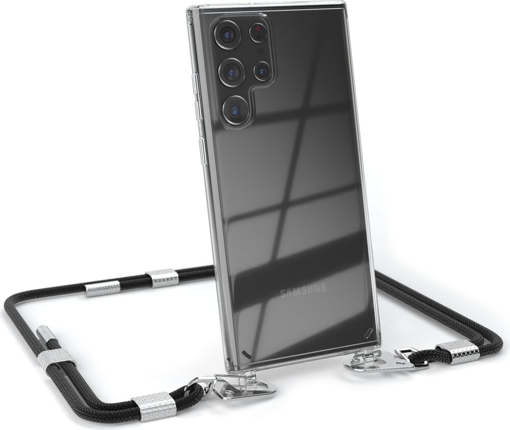 EAZY CASE Handykette für Samsung Galaxy S22 Ultra 5G, Transparente Silikonhülle mit Band, Clear Case, abnehmbar in Schwarz