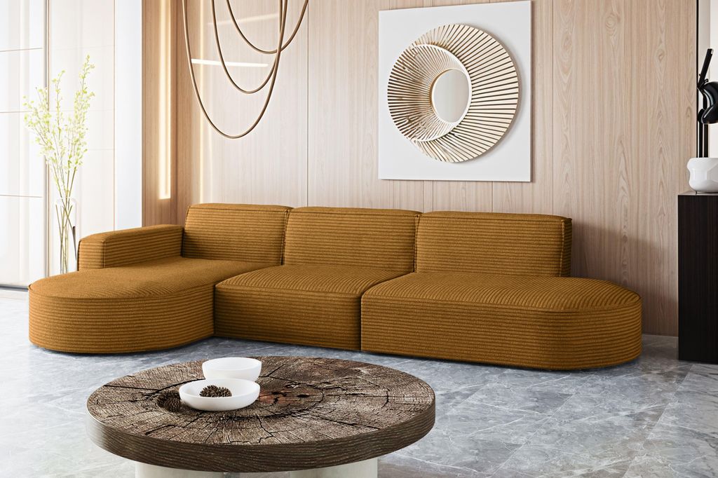 Kaiser Möbel Ecksofa Designer, Sofa L form MODENA stoff Poso Senffarbe Links
