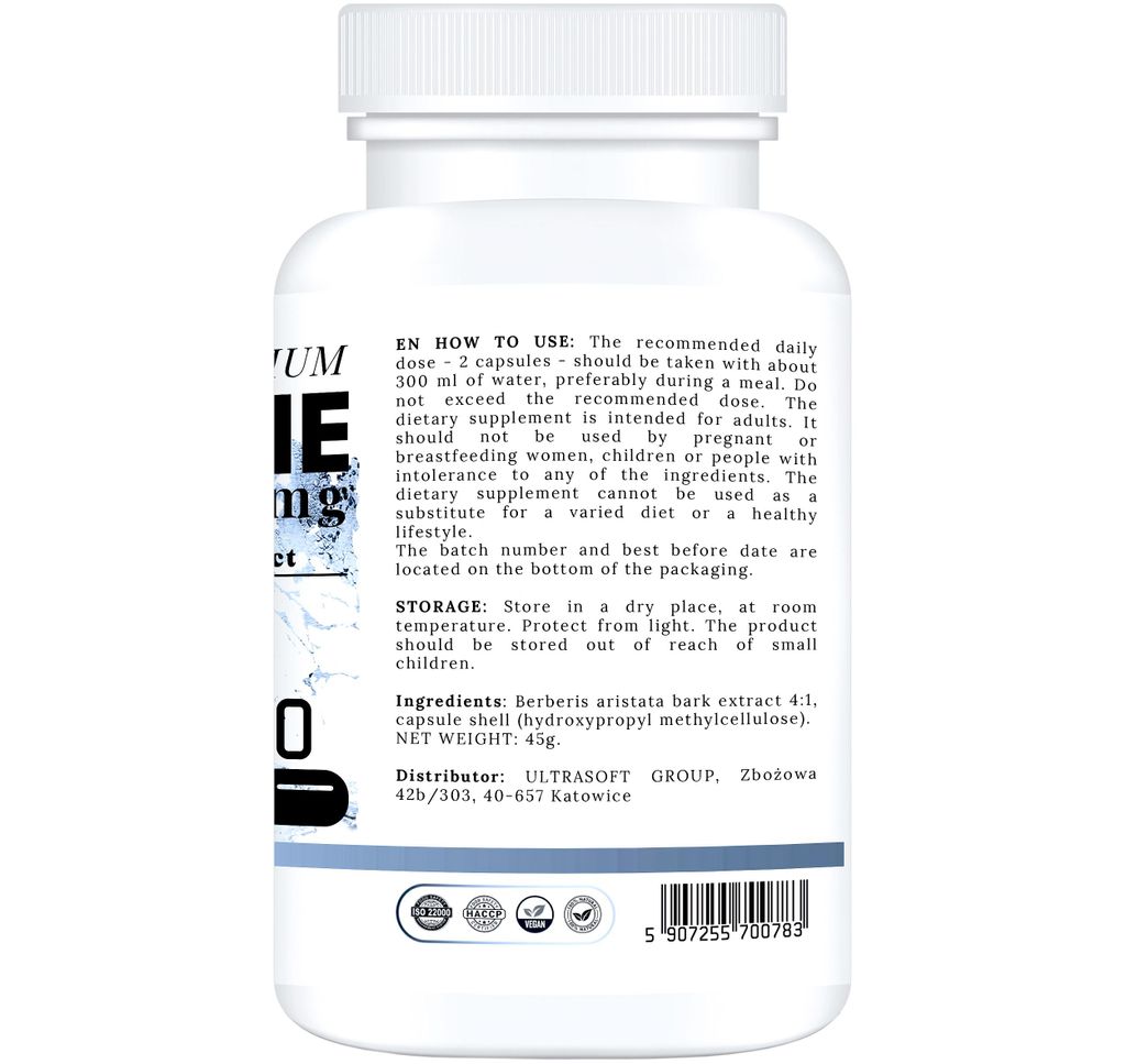 The back of a white supplement bottle with text and logos.