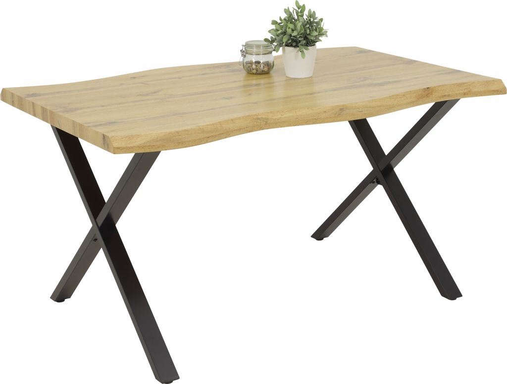 Esstisch Gerda Baumkante-Nachbildung Wildeiche-X-Gestell Metall Pulverbeschichtung Schwarz-140x90cm