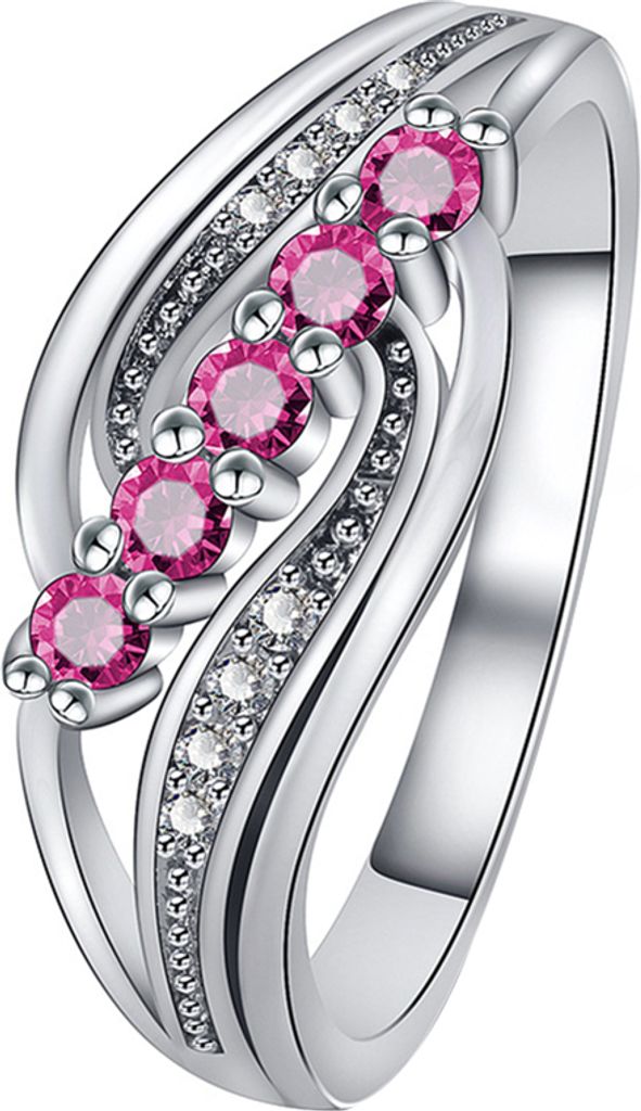 Elegante Frauen 5 Faux Rubin Intarsien Welle Hohl Band Finger Ring Hochzeit Schmuck-Weiß,US 8