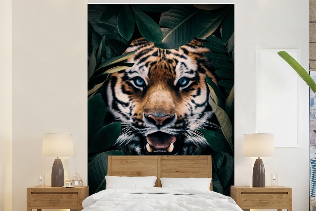MuchoWow Fototapete für Wohnzimmer oder Schlafzimmer Wandtapete Vinyl Motivtapete Tiger - Bäume - Blau - 195x300 cm - Das Hintergrundbild