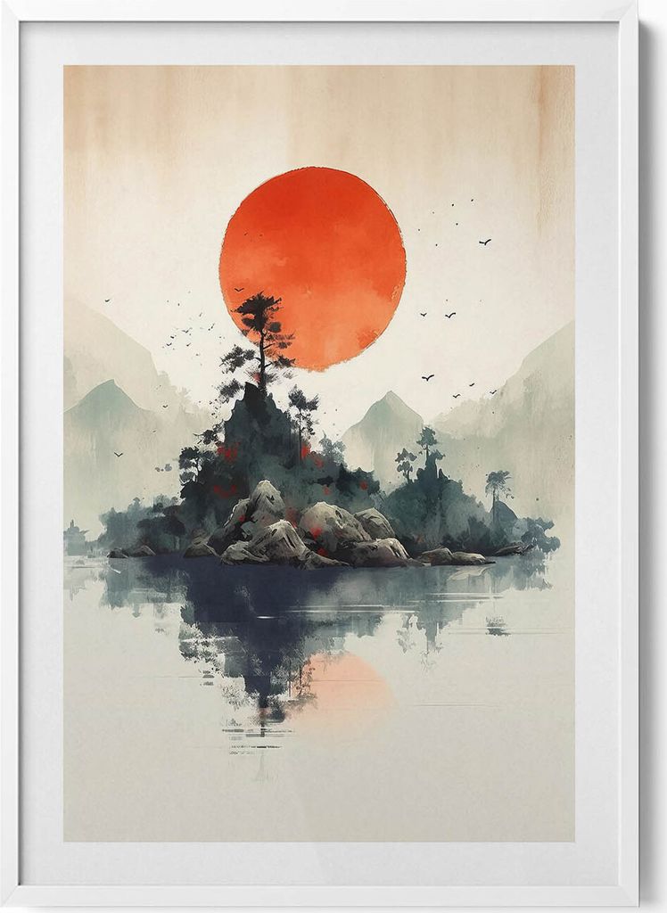 Japanische Illustration der Sonne über Felsen und Bäumen– Wandbild mit Rahmen – Gerahmtes Bild – Wanddekoration – 70x100 cm – Weiß Rahmen