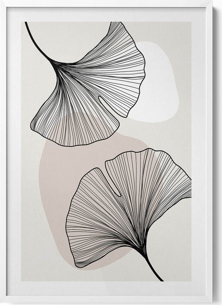 Lineare Ginkgoblätter im Boho-Stil– Wandbild mit Rahmen – Gerahmtes Bild – Wanddekoration – 70x100 cm – Weiß Rahmen